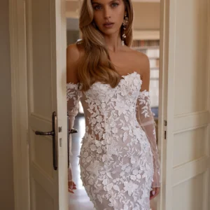 Tina Valerdi Calanthe Wedding Dress - Mermaid gown style dress with sweetheart neckline, floral train, detachable delicate sleeves. 