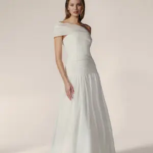 Jesus Peiro 2655 Wedding Dress - Dropped waist dress in rustic gauze with a draped bodice and detachable asymmetrical sash.
