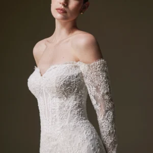 La Premiere Cassiopeia Wedding Dress - Sexy Romantic Mermaid Bridal Gown with Natural Waist, Sweetheart Strapless Neckline, Off the Shoulder Long Sleeves, Corset Detail and Lace Fabric.