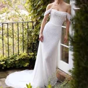 La Premiere Blair Wedding Dress - Romantic Couture Mermaid Bridal Gown with Basque Waist, Off the Shoulder Strapless Neckline, Detachable Cap Sleeves, Pearl Beaded Details and Lace Fabric.