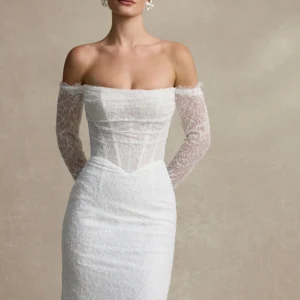 La Premiere Bronwyn Wedding Dress - Modern Romantic Fit and Flare Bridal Gown with Basque Waist, Straight Strapless Neckline, Detachable Long Sleeves, Corset and Beaded details with a Chiffon and Organza Fabric.