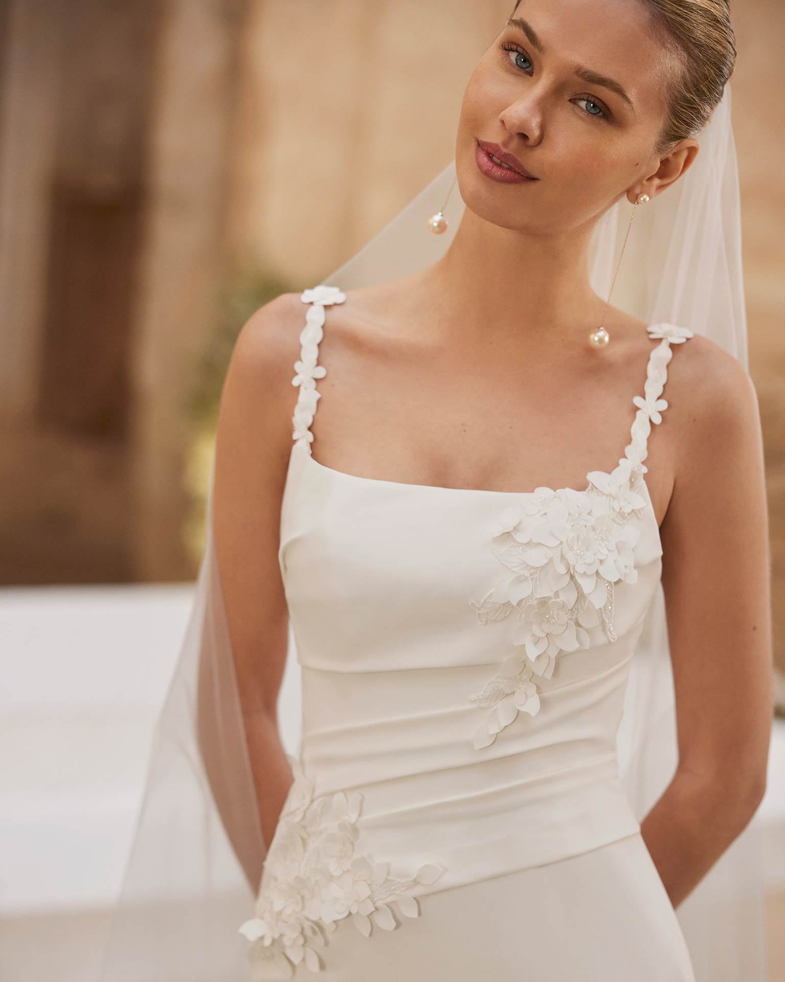 Rosa Clará Maca Wedding Dress - Beach Sexy Modern Mermaid Bridal Gown with Asymmetrical Waist, Squared Neck, Spaghetti Straps, Floral, Draping and Rouching Details in Crepe Fabric.