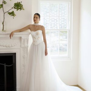 La Premiere Clemmie Wedding Dress - Modern Romantic Simple A-Line Bridal Gown with Basque Waist, Strapless Neckline, Corset, Beaded Details and Satin, Tulle Fabric.