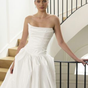 La Premiere Cherish Wedding Dress - Classic Modern Simple A-Line Bridal Gown with Drop Waist, Straight Strapless Neckline, Draping Rouching Detail and, Taffeta Fabric.