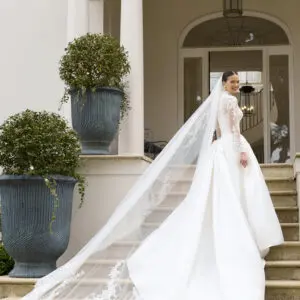 La Premiere Catalina Wedding Dress - Timeless Classic Romantic A-Line Bridal Gown with Natural Waist, V-Neck, Plunging Neckline, Long Sleeves and, Lace Fabrics