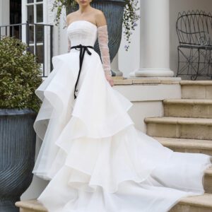 La Premiere Claribel Wedding Dress - Classic Modern Simple A-Line Bridal Gown with Drop Waist, Straight Neckline, Draping Rouching Details and Tulle Fabric.