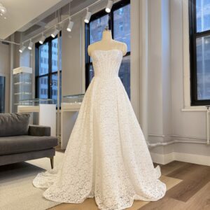 La Premiere Aime Wedding Dress - Classic modern Romantic A-Line Bridal Gown with Basque Waist, Scoop Neckline, Strapless, Corset, Embellished Illusion, Floral Detail in Lace Fabric.