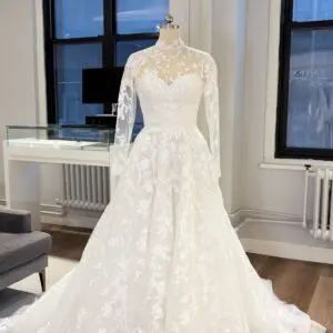 La Premiere Wooer Wedding Dress - Timeless Classic Romantic A-Line Bridal Gown with Natural Waist, High Neck, Illusion Neckline, Long Sleeves, Detachable Sleeves, Embellished Illusion Details and Lace, Tulle Fabric.